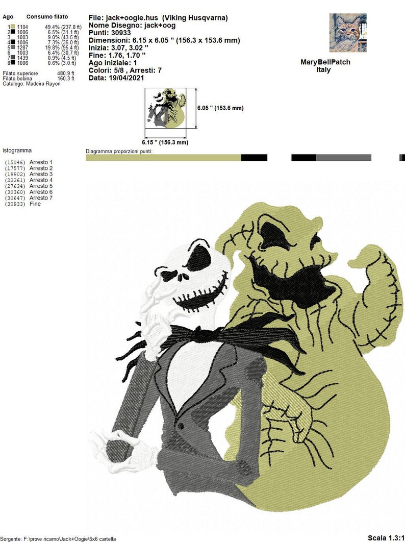 May include: Black and white embroidery design of Jack Skellington and Oogie Boogie from the Nightmare Before Christmas movie. The design is 6.15 inches by 6.05 inches.
