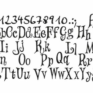 May include: A whimsical font alphabet with uppercase and lowercase letters, numbers 1 through 10, and punctuation marks. The font is stylized with a decorative, hand-drawn look.