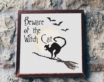 Cross Stitch Witches Cat Night, Cross Stitch Balck Cat, Cross Stitch Halloween