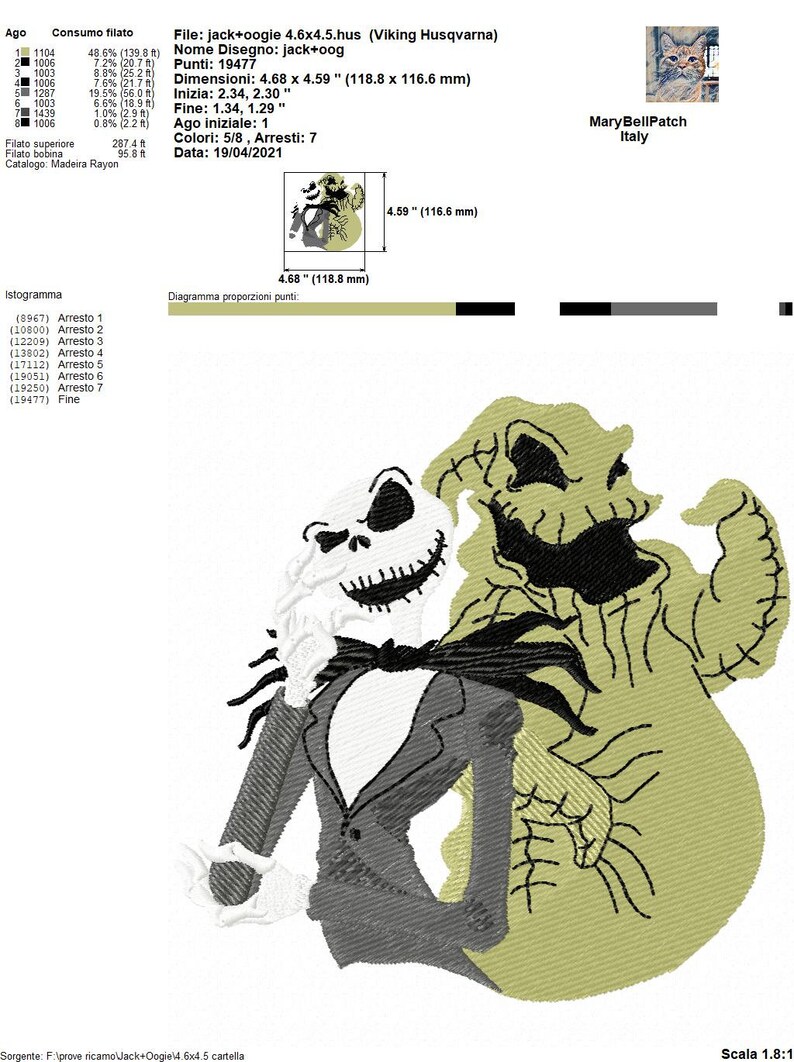May include: A digital embroidery design featuring Jack Skellington and Oogie Boogie from the movie The Nightmare Before Christmas. The design is 4.68 inches by 4.59 inches and includes 19,477 stitches. The design is in black, white, and green.