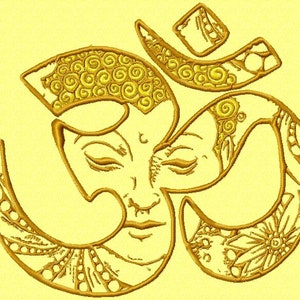 May include: A gold Om symbol with intricate details and a stylised face in the centre.