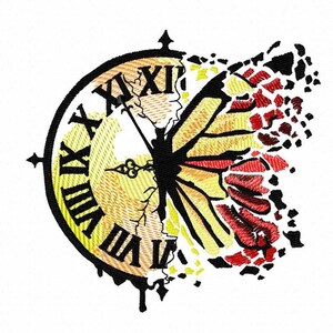 May include: A black and yellow clock face with Roman numerals is cracked and broken, with a red and yellow butterfly design on the right side.