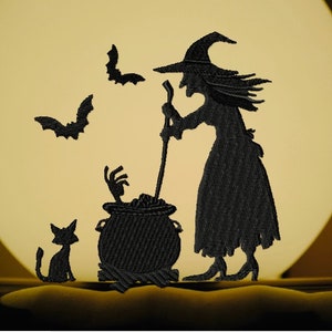 Embroidery Machine Halloween Silhouette, Digital Machine Witch Silhouette Design, ITH Witch and Cat silhouette