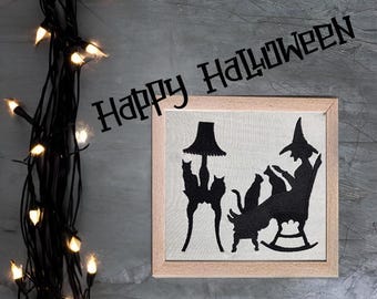 Embroidery Machine Halloween Silhouette, Digital Machine Embroidery Cat Silhouette Design, ITH Witch and Cat silhouette