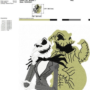 May include: A black and white embroidery design of Jack Skellington and Oogie Boogie from the movie The Nightmare Before Christmas. The design is 3.86 inches by 3.79 inches and has 14,507 stitches. The design is for a sewing machine and is in the .hus format.