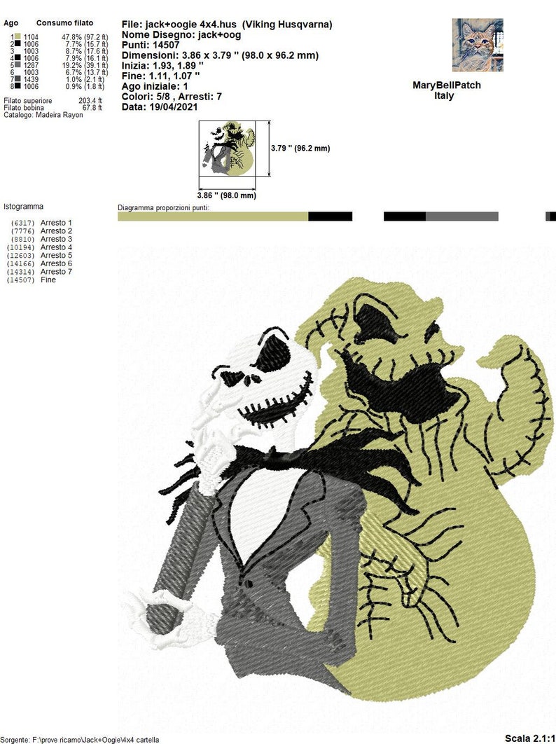 May include: A black and white embroidery design of Jack Skellington and Oogie Boogie from the movie The Nightmare Before Christmas. The design is 3.86 inches by 3.79 inches and has 14,507 stitches. The design is for a sewing machine and is in the .hus format.