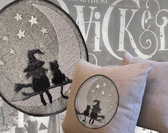 Embroidery Machine Halloween Silhouette, Digital Machine Embroidery Cat Silhouette Design, ITH Witch and Cat Silhouette