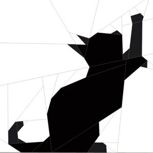May include: A geometric graphic illustration of a black cat silhouette composed of sharp, angular shapes. The cat is depicted in a seated position with one front paw raised upward, set against a white background with thin, intersecting grey lines.