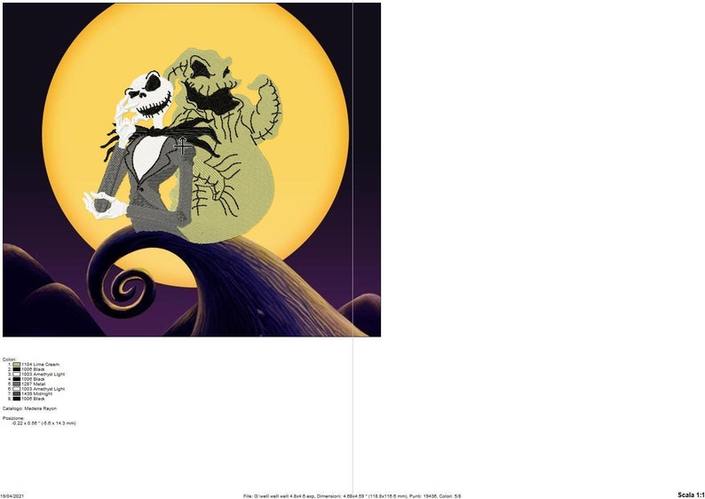 May include: A black and white illustration of Jack Skellington, the Pumpkin King from The Nightmare Before Christmas, standing on a hill with a full moon behind him. He is holding a small, round object in his hand. A green, ghost-like figure is behind him.