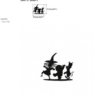 Op de afbeelding: Zwart-witte silhouet borduurontwerp van drie figuren, een heks, een kind en een duivel, die dansen. Het ontwerp is 91,9 mm bij 77,3 mm.