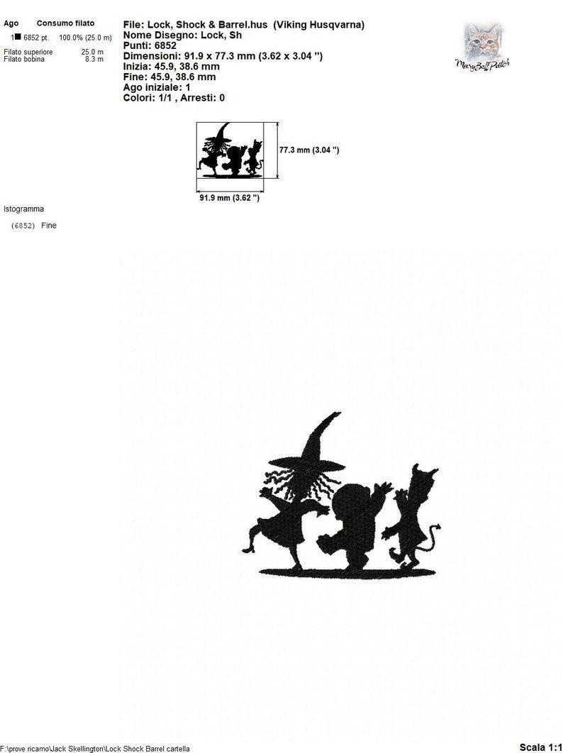 Op de afbeelding: Zwart-witte silhouet borduurontwerp van drie figuren, een heks, een kind en een duivel, die dansen. Het ontwerp is 91,9 mm bij 77,3 mm.