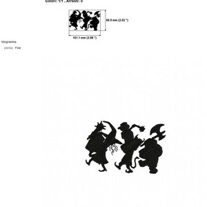 Op de afbeelding: Zwart-witte silhouet borduurontwerp van drie dansende heksen. Het ontwerp meet 10,1 cm bij 6,65 cm.