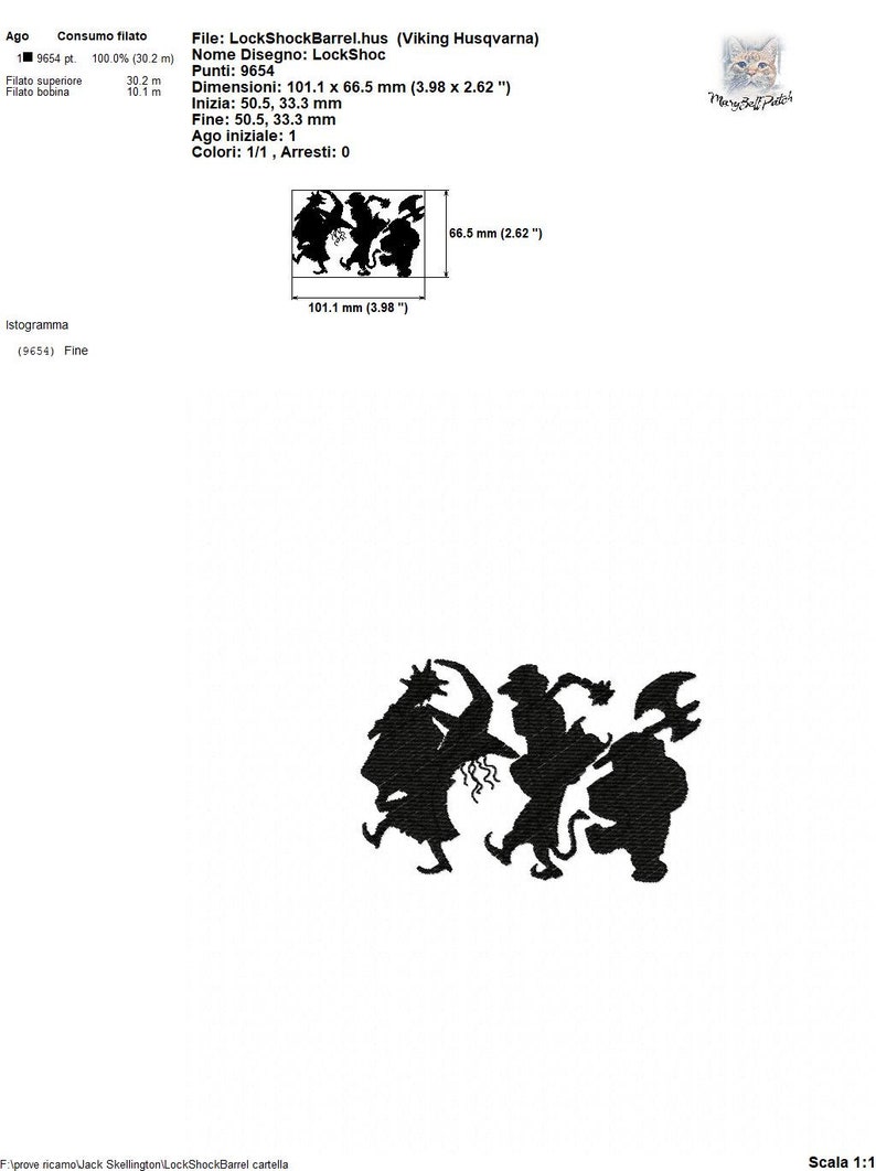 Op de afbeelding: Zwart-witte silhouet borduurontwerp van drie dansende heksen. Het ontwerp meet 10,1 cm bij 6,65 cm.