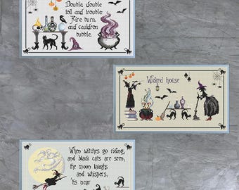 Three Cross Stitch Halloween Patterns, Cross Stitch Halloween Cauldron, Cross Stitch Wizard, Cross Stitch Balck Cats