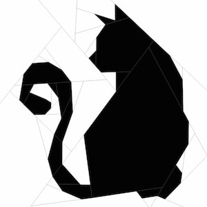 May include: A graphic illustration of a cat in profile, rendered in solid black against a white background. The design features sharp, angular geometric segments and lines that divide the image into distinct, abstract shapes and patterns.