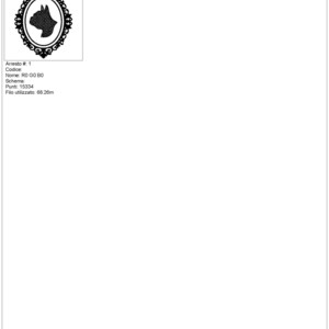 K&ouml;nnte beinhalten: Schwarz-wei&szlig;e Silhouette eines franz&ouml;sischen Bulldoggenkopfes in einem dekorativen Rahmen. Das Bild ist Teil einer digitalen Stickdatei. Die Datei hei&szlig;t "RO GO BO" und enth&auml;lt 15.334 Stiche. Das Design verwendet 68,26 Meter Garn.