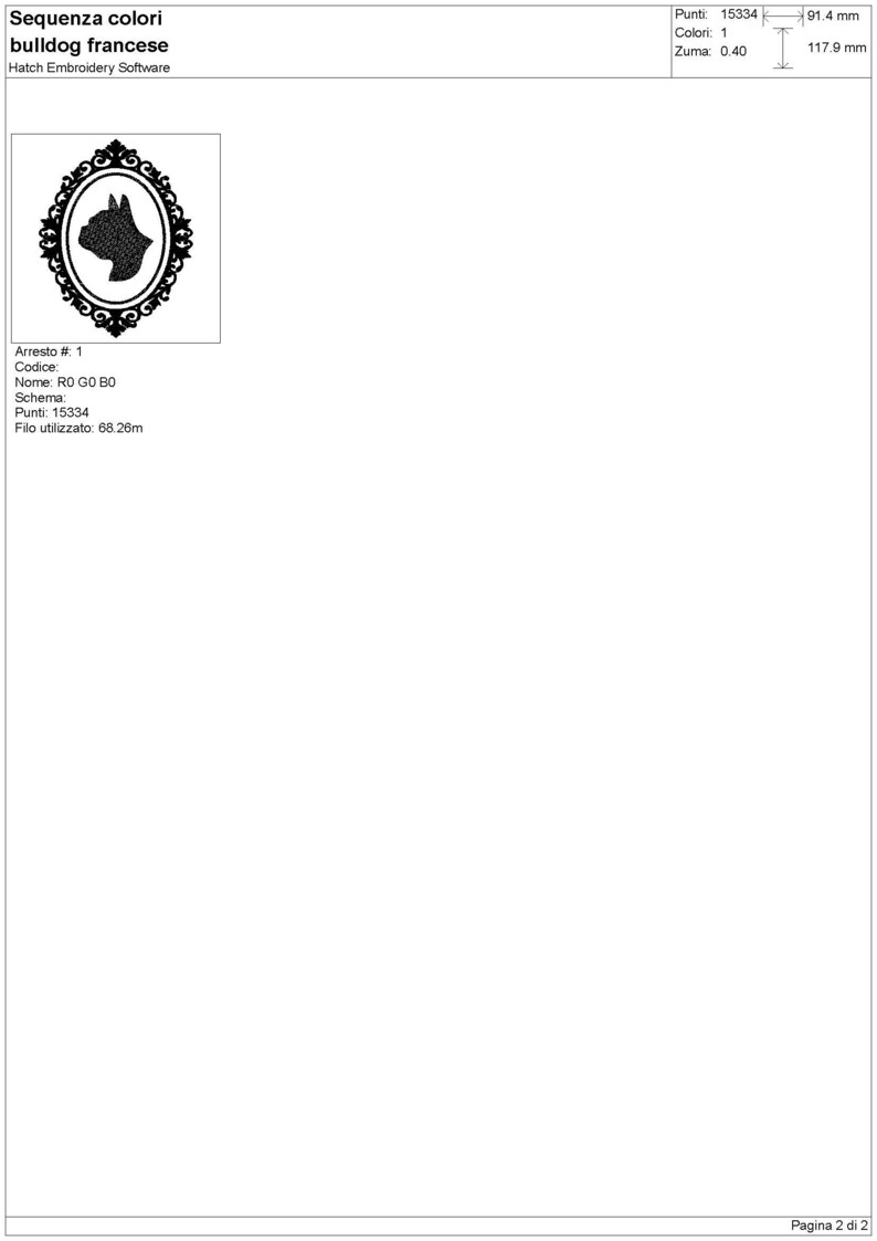 K&ouml;nnte beinhalten: Schwarz-wei&szlig;e Silhouette eines franz&ouml;sischen Bulldoggenkopfes in einem dekorativen Rahmen. Das Bild ist Teil einer digitalen Stickdatei. Die Datei hei&szlig;t "RO GO BO" und enth&auml;lt 15.334 Stiche. Das Design verwendet 68,26 Meter Garn.