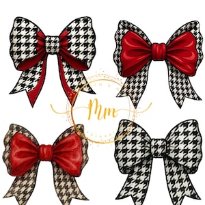 May include: Four decorative bows in a digital illustration. The bows feature a houndstooth pattern in black and white, with red accents. The bows are in various styles, with some having solid red centers.