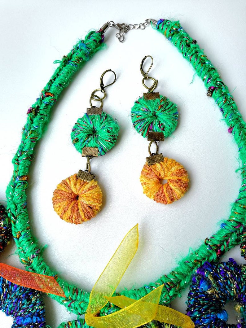 Summertime necklace Gift for her Crochet Bib Necklace Statement Necklace Colorful Textile Necklace and Earrings Unique Jewelry