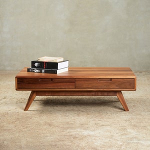 Handmade Walnut Coffee Table with Drawers - Mid-Century Modern Scandinavian Living Room Table