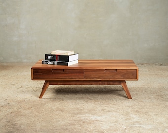 Handmade Walnut Coffee Table with Drawers - Mid-Century Modern Scandinavian Living Room Table