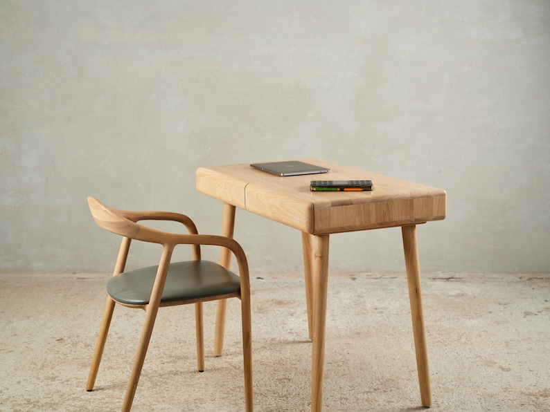 Scandinavian solid oak and walnut work desk, featuring a spacious, elegant design perfect for modern workspaces and as a computer office desk.