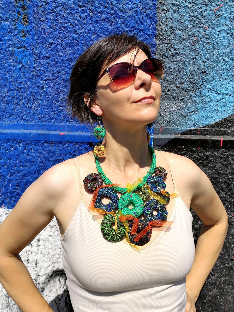 Summertime necklace Gift for her Crochet Bib Necklace Statement Necklace Colorful Textile Necklace and Earrings Unique Jewelry