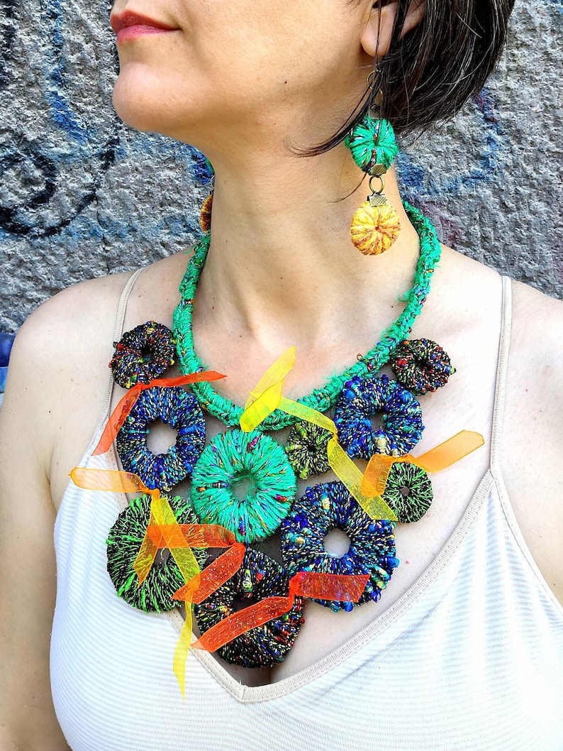 Summertime necklace Gift for her Crochet Bib Necklace Statement Necklace Colorful Textile Necklace and Earrings Unique Jewelry