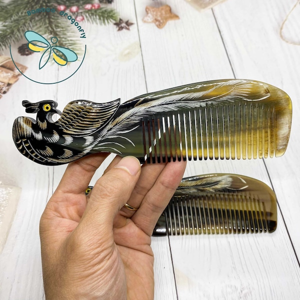 Black carved horn comb, 18 cm, phoenix comb, , ox horn brush, grooming comb, detangler comb, bone comb, curly hair comb