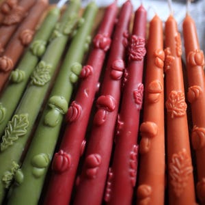 May include: A collection of tapered candles in shades of brown, green, red, and orange. Each candle features embossed details of pumpkins, mushrooms, and leaves along the length of the wax body, with a white wick protruding from the top of each.