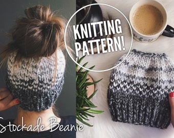 Stockade Beanie Pattern, Bun Beanie, Ponytail Hat Pattern, Messy Bun Beanie Pattern, Messy Bun Hat, Fair Isle, Fair Isle Knit Pattern