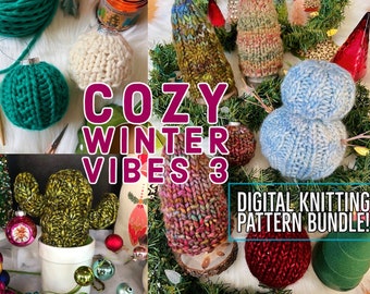 Cozy Winter Vibes 3 Bundle, Knit Tree Pattern, Knit Snowman, Knit Tree, Snowman Pattern, Ornaments, Knit Ornament, Snowman, Knit Cactus