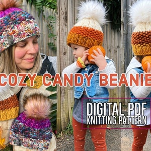 May include: Cozy Candy Beanie knitting pattern featuring three beanies in various colors and textures, including a colorful beanie with a pompom, a candy corn beanie with a white pompom, and a purple and blue beanie with a pink pompom. The text "Cozy Candy Beanie" and "Digital PDF Knitting Pattern" is visible in the image.