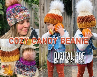 Cozy Candy Beanie PDF, Knitting Pattern, Knit Beanie Pattern, Knit Hat Pattern, Knit Pattern, Knit Hat, Knit Beanie, Hat Pattern, Candy Corn