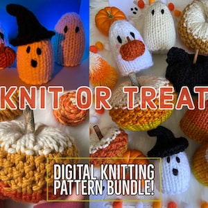 Knit or Treat Knitting Pattern Bundle, Knit Pumpkin Pattern, Ghost, Pumpkin Pattern, Halloween, Black Cat, Candy Corn, Knit Ghost