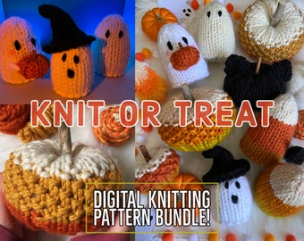 Knit or Treat Knitting Pattern Bundle, Knit Pumpkin Pattern, Ghost, Pumpkin Pattern, Halloween, Black Cat, Candy Corn, Knit Ghost