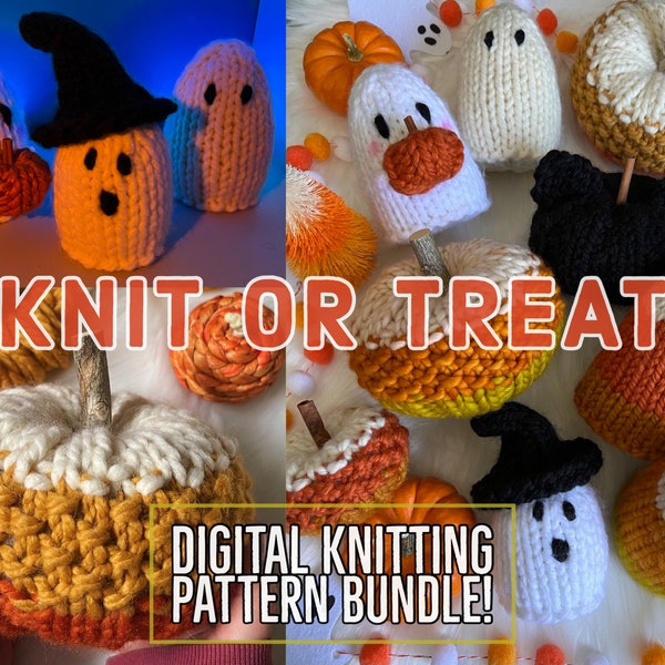 Knit or Treat Knitting Pattern Bundle, Knit Pumpkin Pattern, Ghost, Pumpkin Pattern, Halloween, Black Cat, Candy Corn, Knit Ghost