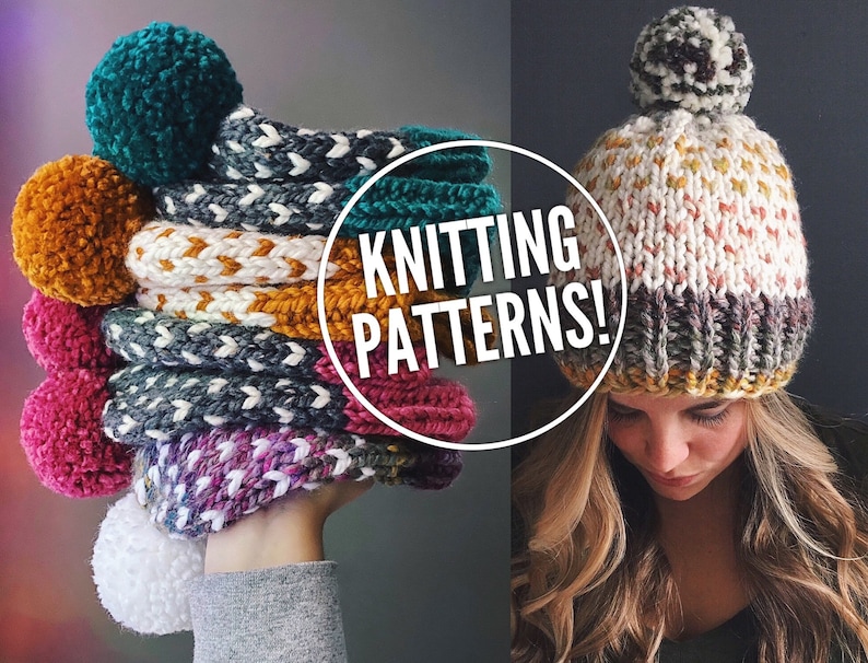 May include: A stack of colorful knitted hats with pom-poms. The hats are in various shades of pink, purple, gray, white, and yellow. The hats are knitted in different patterns, including chevron and cable. The text "KNITTING PATTERNS!" is superimposed on the image.