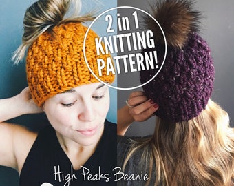 High Peaks Beanie Pattern, Bun Beanie, Ponytail Hat Pattern, Messy Bun Beanie Pattern, Messy Bun Hat, Hat Pattern, Knit Beanie Pattern