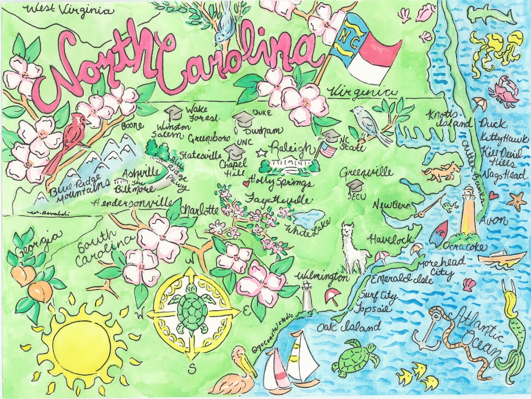 Illustrated Map of North Carolina - Etsy