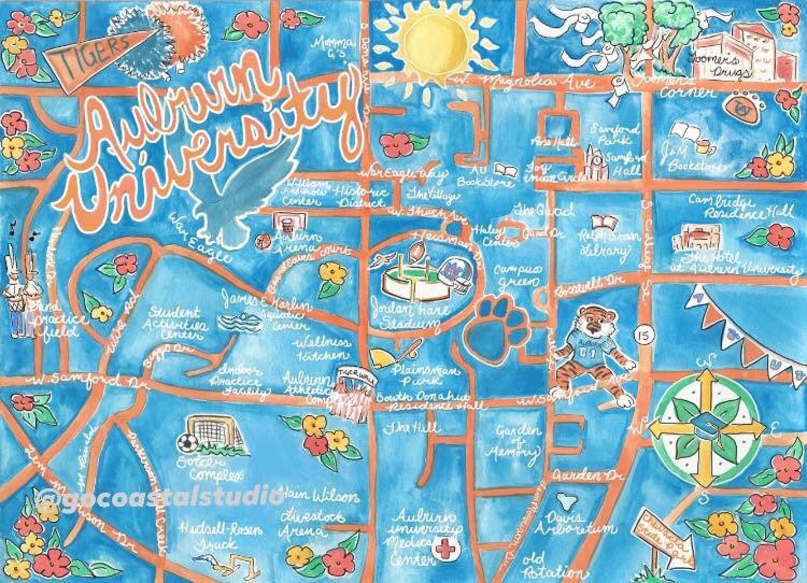 Auburn University Illustrated Map Print - Etsy