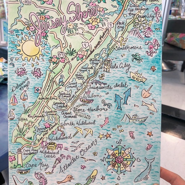 Watercolor map of the Jersey Shore (Ocean City to Cape May)
