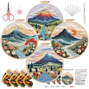 May include: A DIY embroidery kit featuring four round hoops with mountain landscape designs. The kit includes embroidery floss, needles, scissors, and a seam ripper. The mountain scenes feature rivers, flowers, and colorful skies. The embroidery hoops are made of wood.