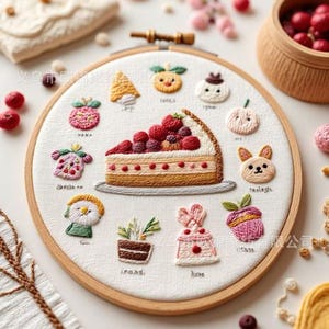 May include: Embroidered hoop art featuring a slice of cake topped with strawberries, surrounded by other embroidered designs. The designs include a gnome, apple, bunny, and other cute motifs. The embroidery is set in a wooden hoop.