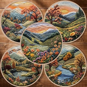 May include: Five round embroidery hoops featuring detailed landscape scenes. Each hoop showcases a different vista with mountains, trees, and rivers, rendered in vibrant colors. The designs evoke a sense of nature and artistry, perfect for home decor.