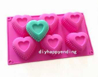 6-cavity Heart in Heart DIY Cake Mold Flexible Silicone Soap Mold  Chocolate Cookie Bakeware Pudding Jelly Baking Tool