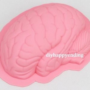 May include: Pink silicone mould shaped like a human brain. The mould is detailed with realistic folds and grooves.