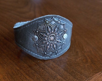 Gray Leather Fully Lined Wrist Cuff with Filigree and Buckle