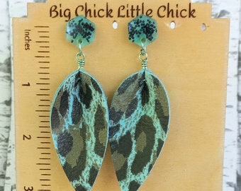 Pinched Teardrop Aqua Leopard Print Leather, Resin Disk with Earring Post, Wrapped Wire