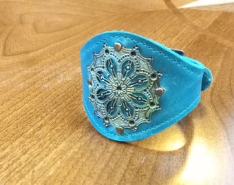 Bright Blue Leather Wrist Cuff with Metal Filigree